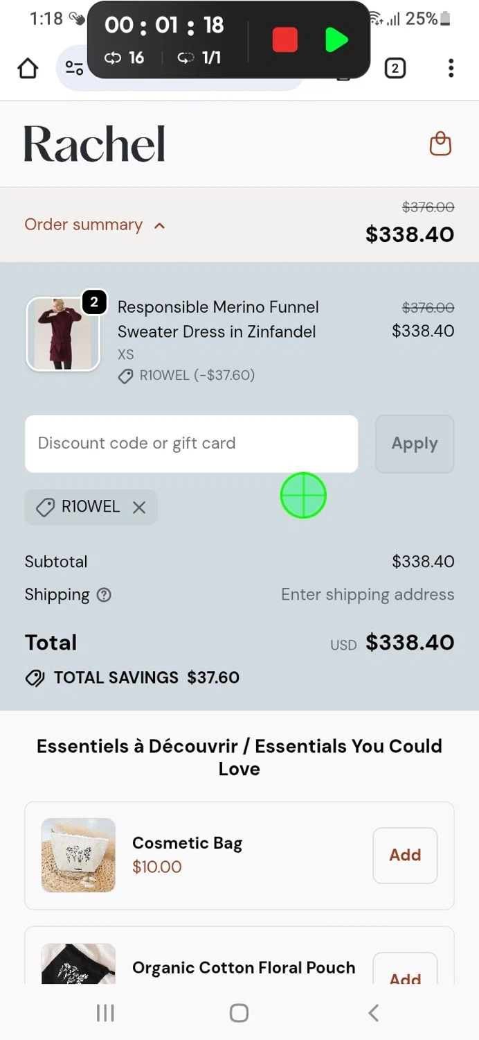 From Rachel promo code screenshot showing code R10WEL applied at From Rachel checkout page. Uploaded by SimplyCodes community member GoldSeeker7901 on Oct 31, 2025
