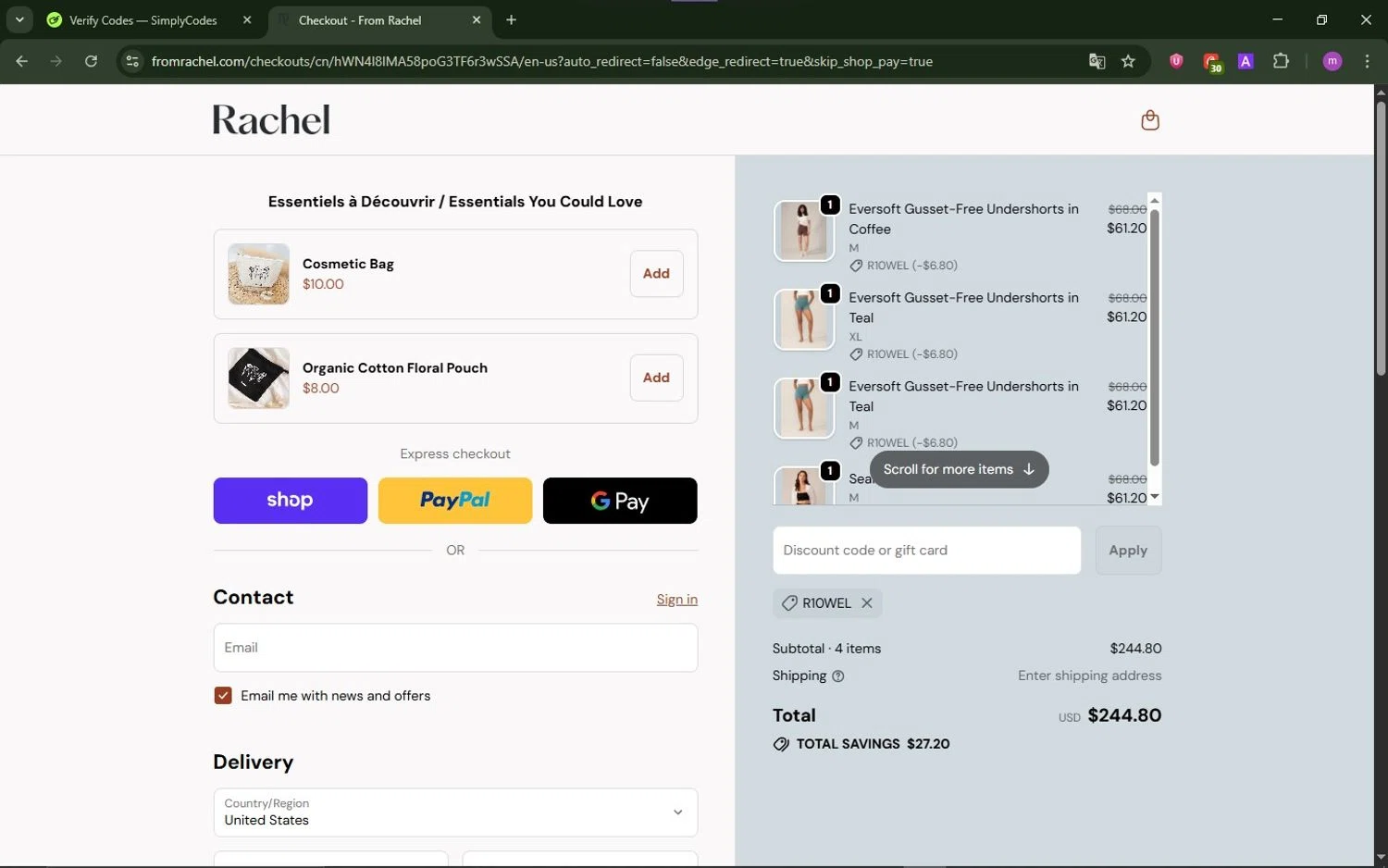 From Rachel promo code screenshot showing code R10WEL applied at From Rachel checkout page. Uploaded by SimplyCodes community member TokenChaser4876 on Oct 31, 2025