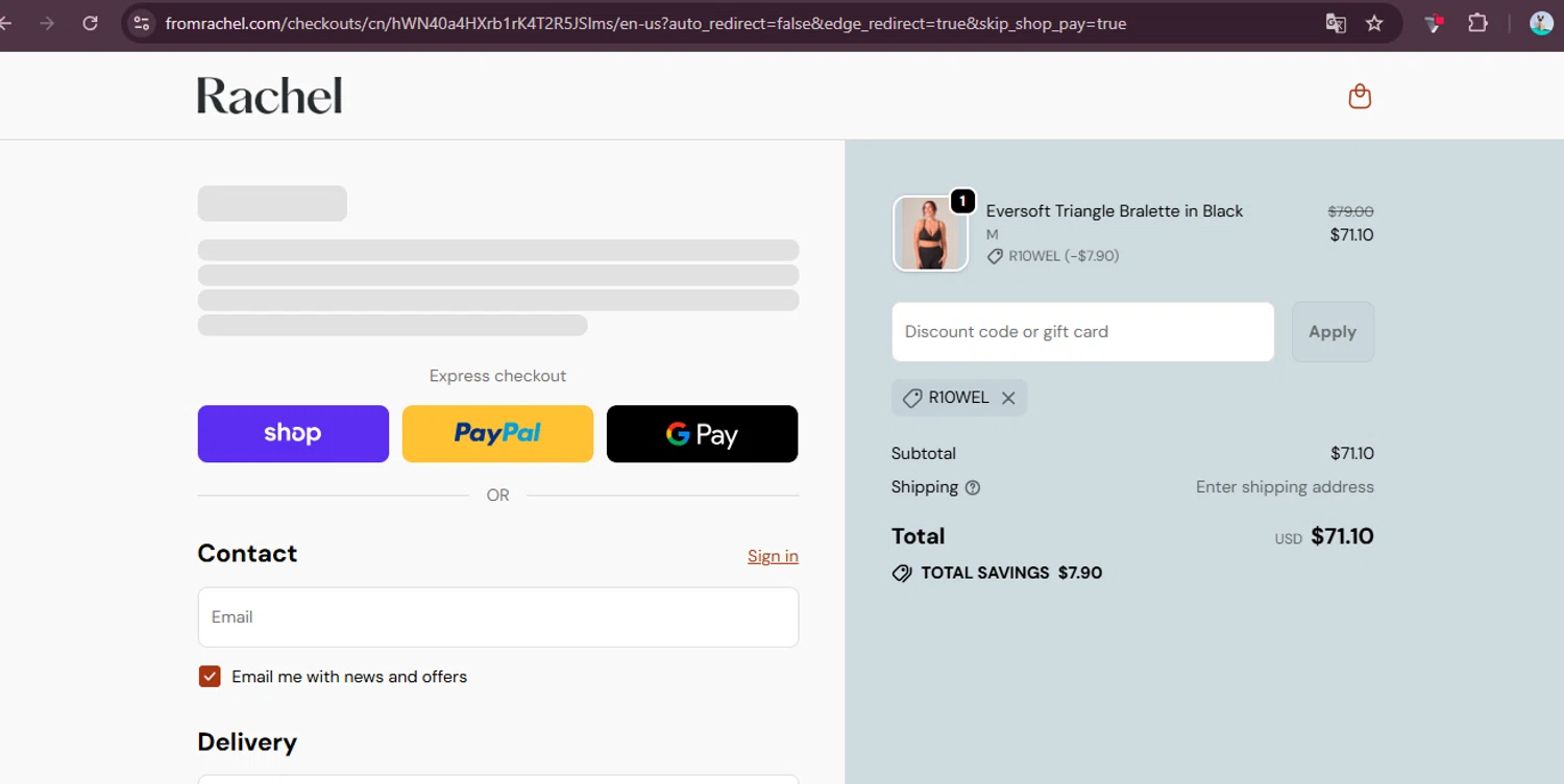 From Rachel promo code screenshot showing code R10WEL applied at From Rachel checkout page. Uploaded by SimplyCodes community member elgatobravo on Oct 11, 2025