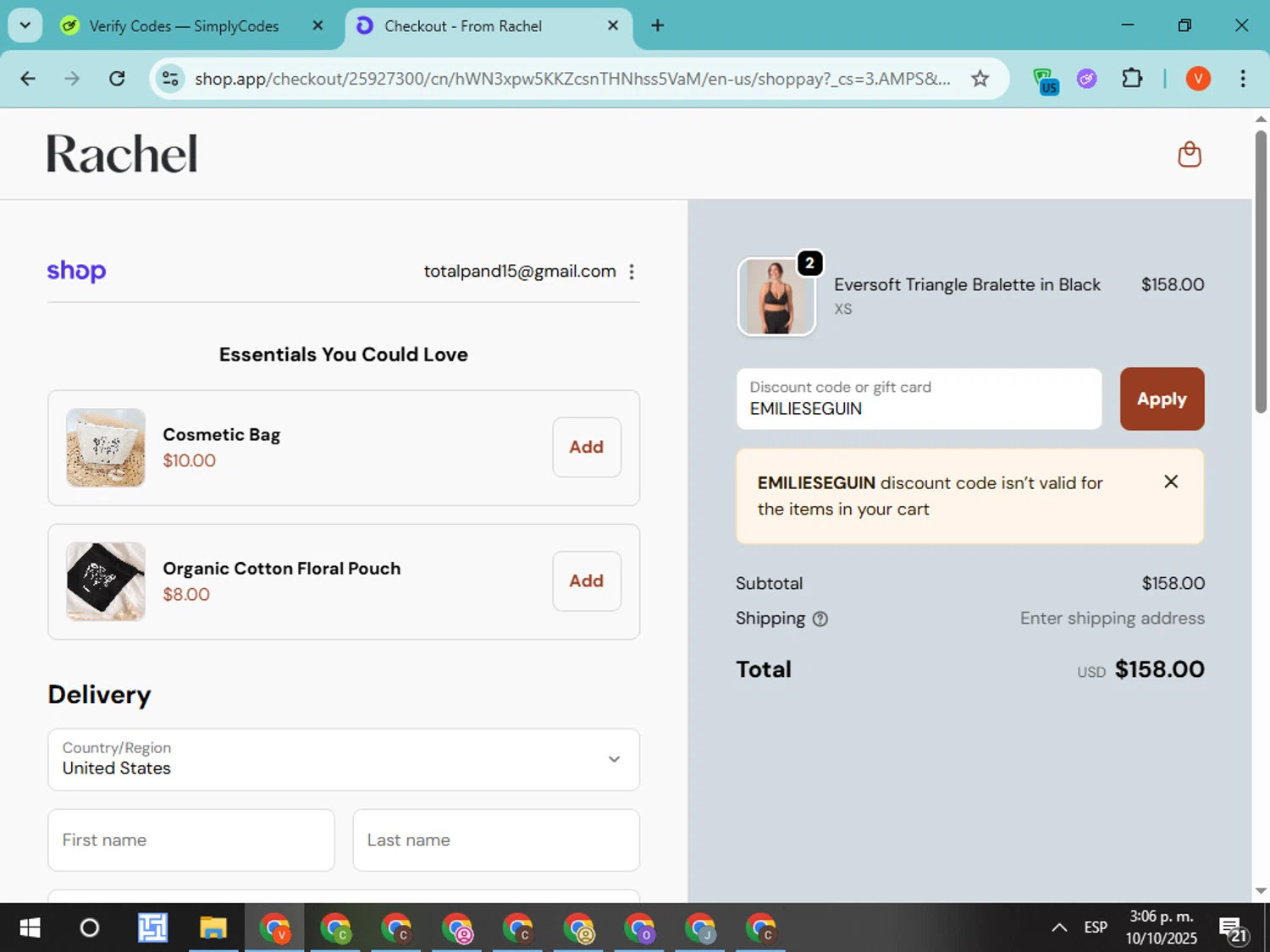 From Rachel promo code screenshot showing code EMILIESEGUIN applied at From Rachel checkout page. Uploaded by SimplyCodes community member CodeMonarch8148 on Oct 10, 2025
