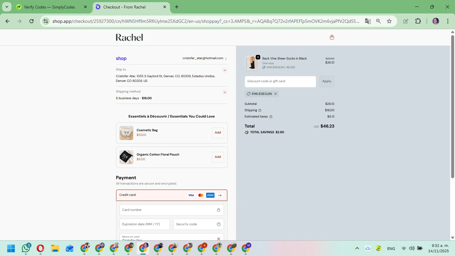 From Rachel promo code screenshot showing code EMILIESEGUIN applied at From Rachel checkout page. Uploaded by SimplyCodes community member Mari_perez on Nov 14, 2025