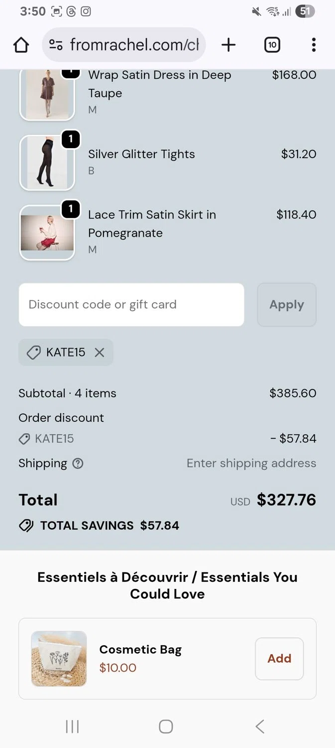 From Rachel promo code screenshot showing code Kate15 applied at From Rachel checkout page. Uploaded by SimplyCodes community member KarinaHZ on Dec 8, 2025