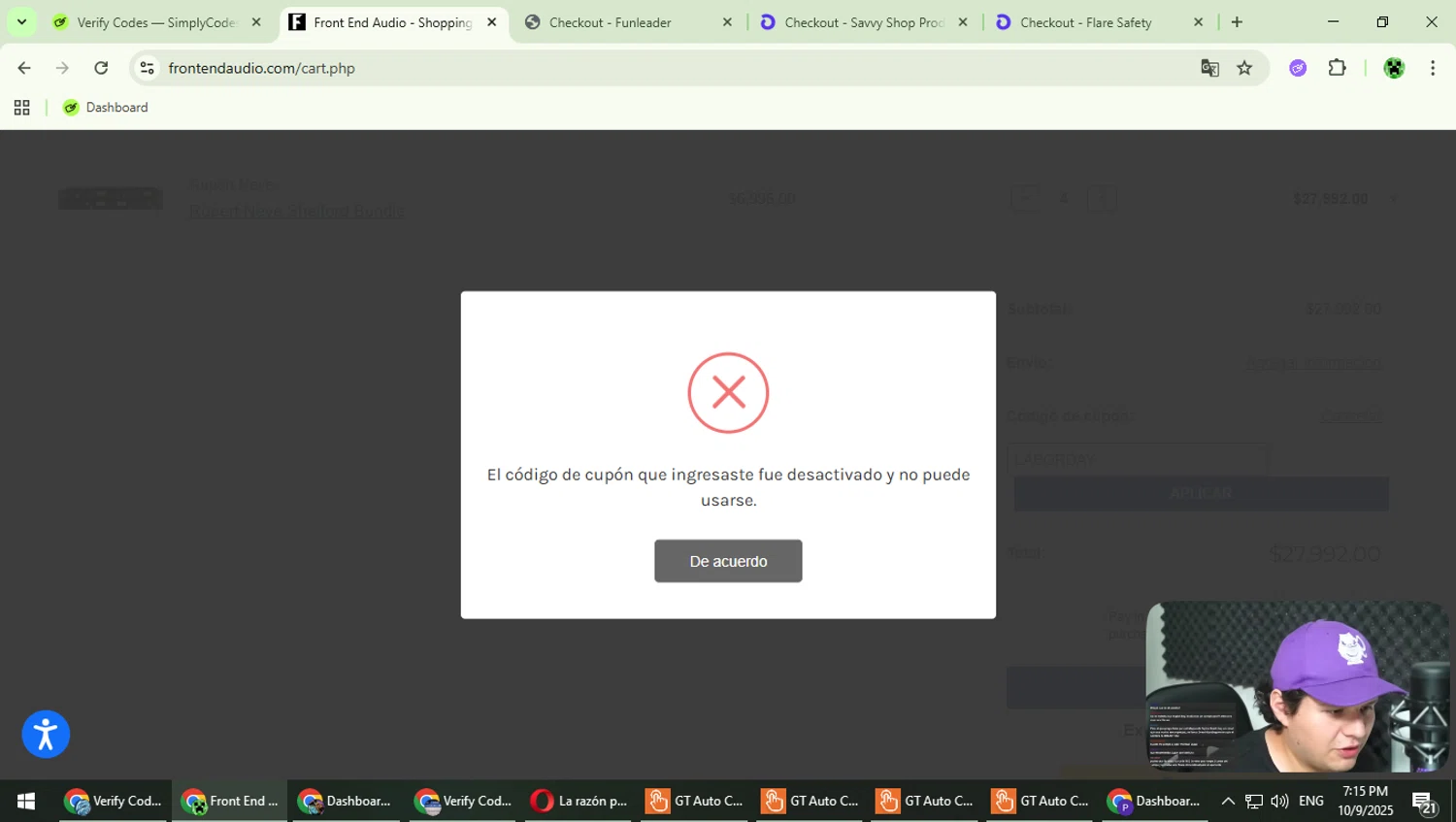 Front End Audio coupon code screenshot showing code LABORDAY applied at Front End Audio checkout page. Uploaded by SimplyCodes community member MaitoGai on Oct 9, 2025