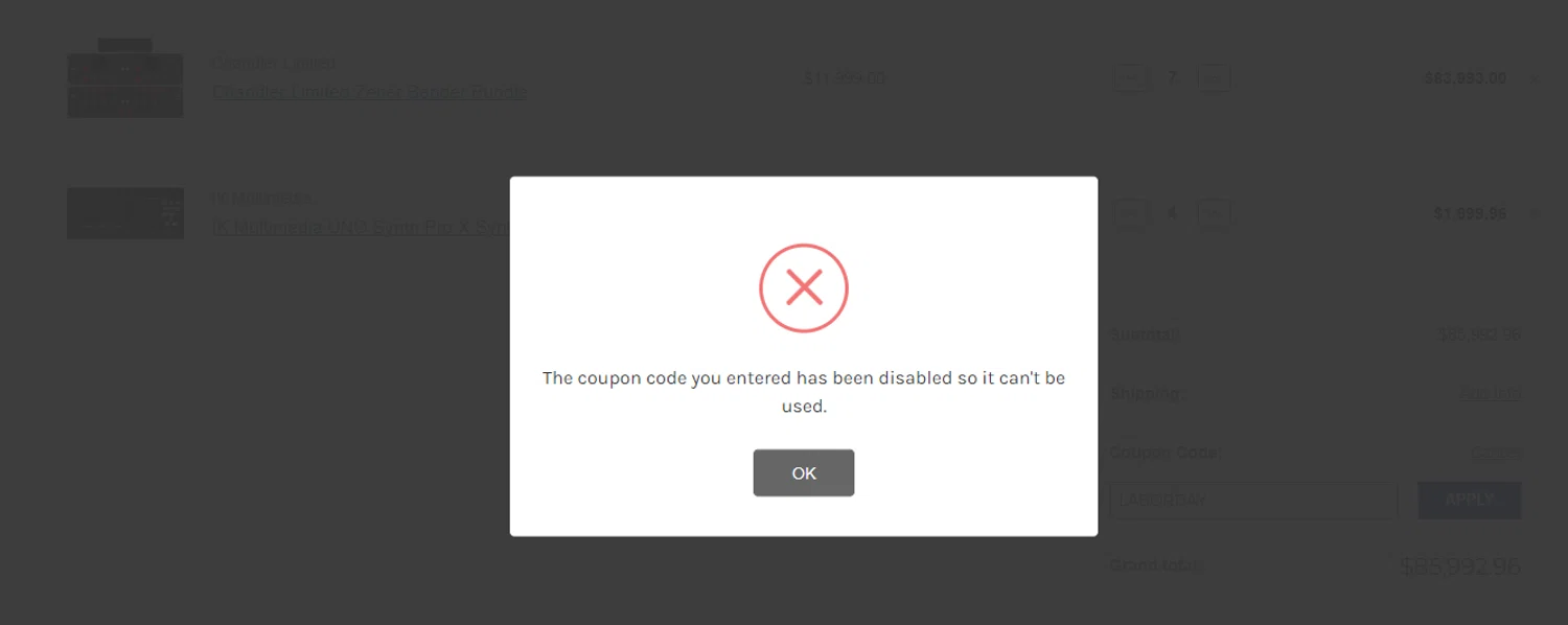 Front End Audio coupon code screenshot showing code LABORDAY applied at Front End Audio checkout page. Uploaded by SimplyCodes community member obito1234 on Oct 9, 2025