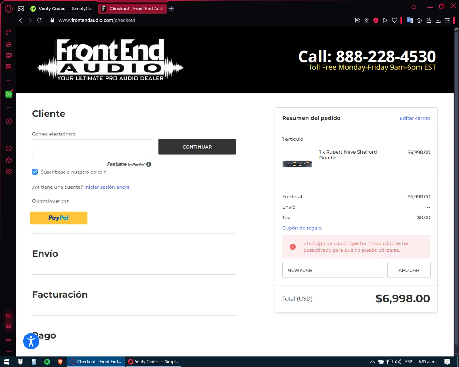 Front End Audio coupon code screenshot showing code NEWYEAR applied at Front End Audio checkout page. Uploaded by SimplyCodes community member XXXTENTACION on Jan 12, 2025
