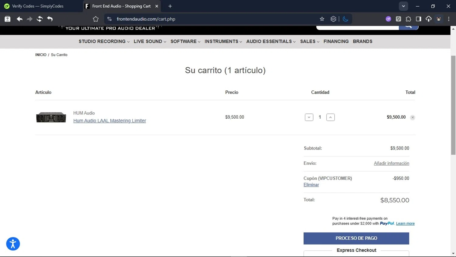 Front End Audio coupon code screenshot showing code VIPCUSTOMER applied at Front End Audio checkout page. Uploaded by SimplyCodes community member BrilliantTitan6909 on Oct 9, 2025