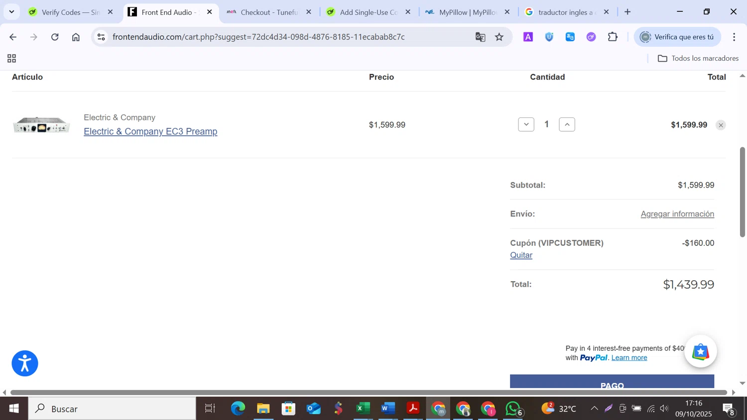 Front End Audio coupon code screenshot showing code VIPCUSTOMER applied at Front End Audio checkout page. Uploaded by SimplyCodes community member MANUELURBINA on Oct 9, 2025