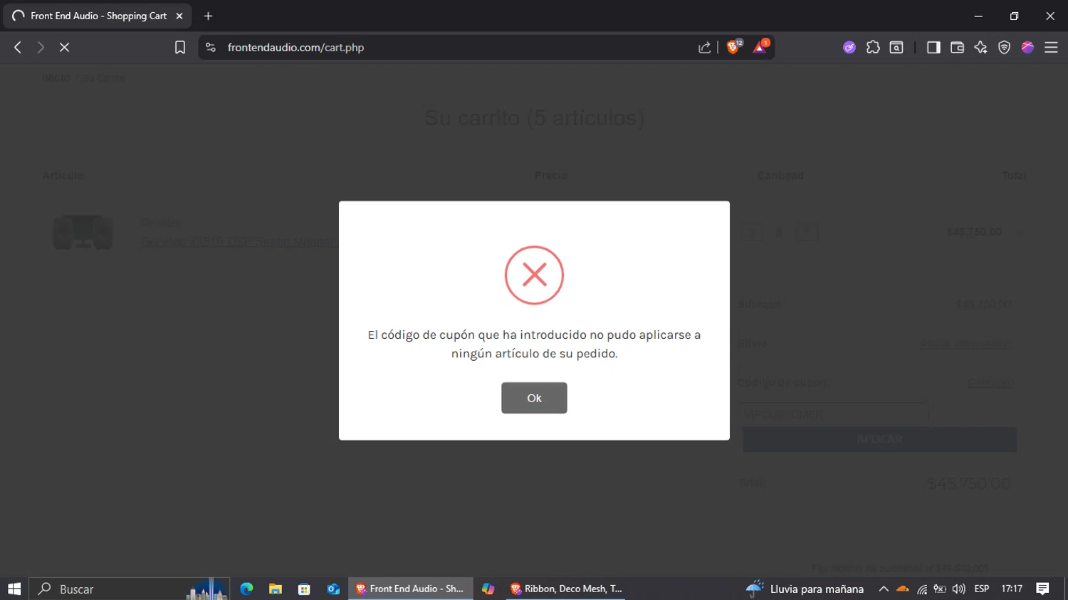 Front End Audio coupon code screenshot showing code VIPCUSTOMER applied at Front End Audio checkout page. Uploaded by SimplyCodes community member jairinho on Sep 11, 2025