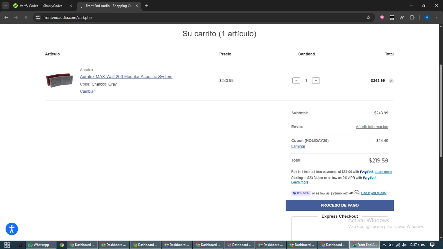 Front End Audio coupon code screenshot showing code HOLIDAY25 applied at Front End Audio checkout page. Uploaded by SimplyCodes community member EpicVoyager2820 on Dec 26, 2025