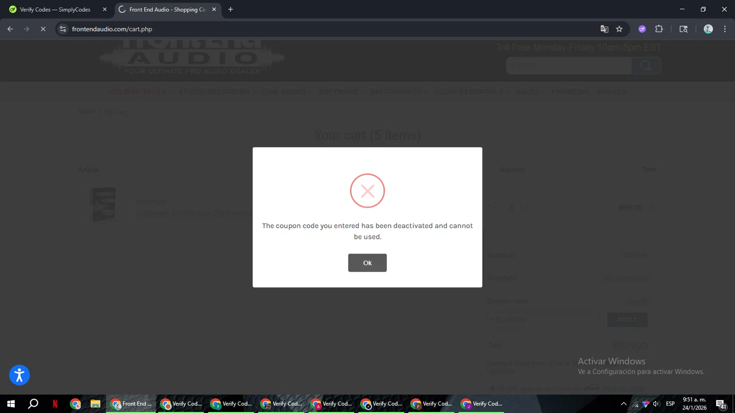 Front End Audio coupon code screenshot showing code HOLIDAY25 applied at Front End Audio checkout page. Uploaded by SimplyCodes community member ShrewdSeeker6165 on Jan 24, 2026