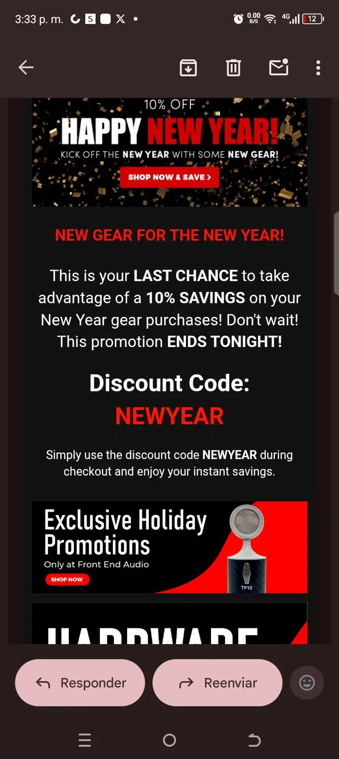 Front End Audio coupon code screenshot showing code Newyear applied at Front End Audio checkout page. Uploaded by SimplyCodes community member kellymoreno on Jan 1, 2026