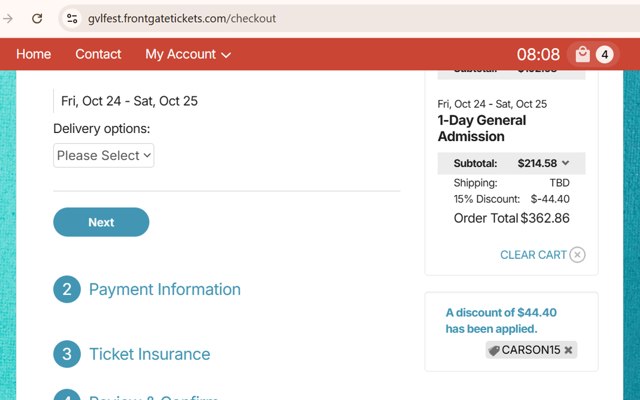 Front Gate Tickets checkout page showing Front Gate Tickets promo code box | Screenshot taken by SimplyCodes community member on Jul 22, 2025