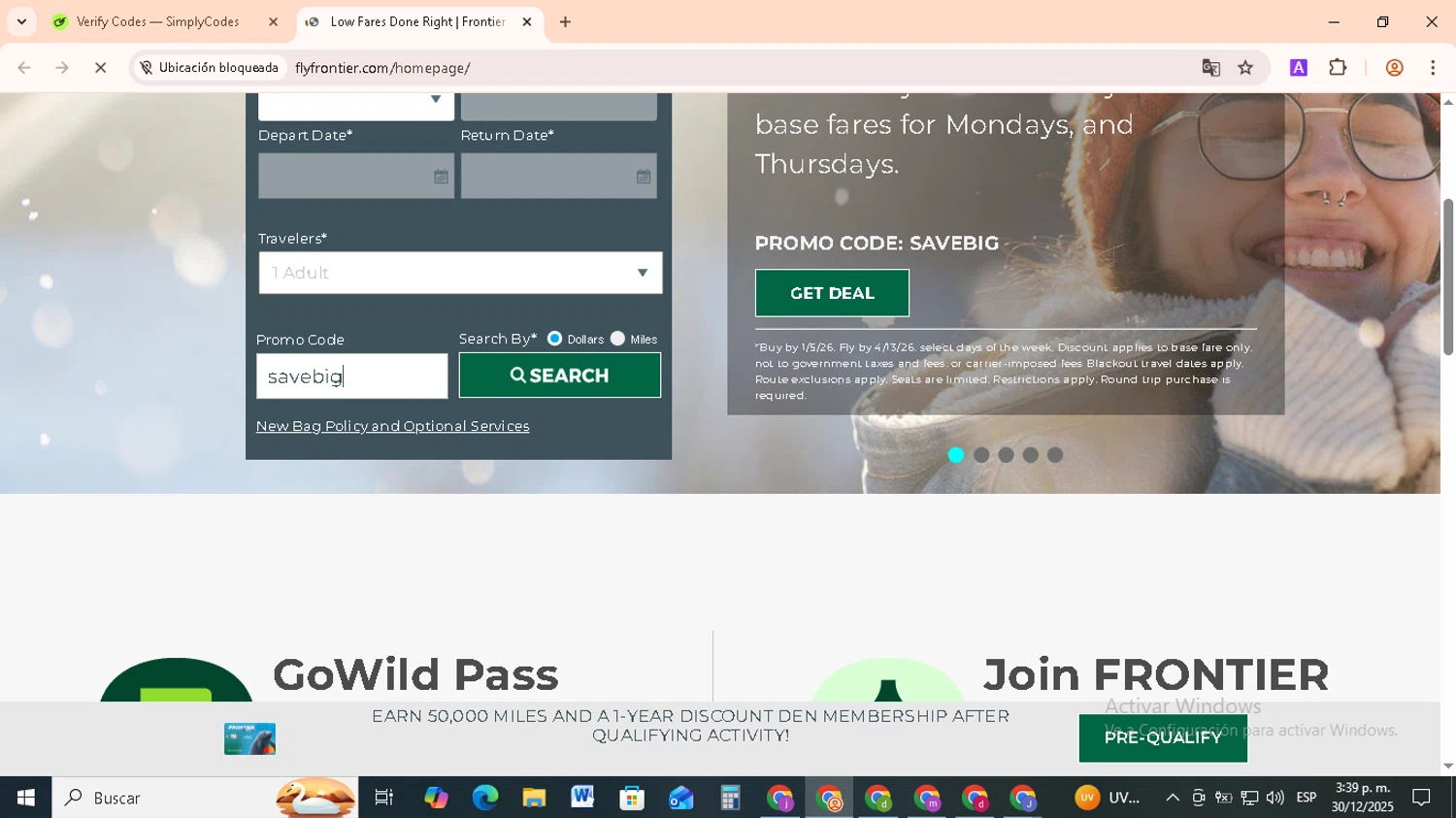 Frontier Airlines promo code screenshot showing code savebig applied at Frontier Airlines checkout page. Uploaded by SimplyCodes community member RebateCollector5909 on Dec 30, 2025