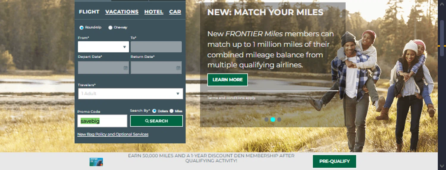 Frontier Airlines promo code screenshot showing code savebig applied at Frontier Airlines checkout page. Uploaded by SimplyCodes community member TraxoGamer on Jan 9, 2026