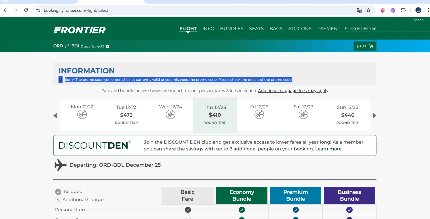 Frontier Airlines promo code screenshot showing code SAVE100 applied at Frontier Airlines checkout page. Uploaded by SimplyCodes community member BonusPro457 on Dec 22, 2025