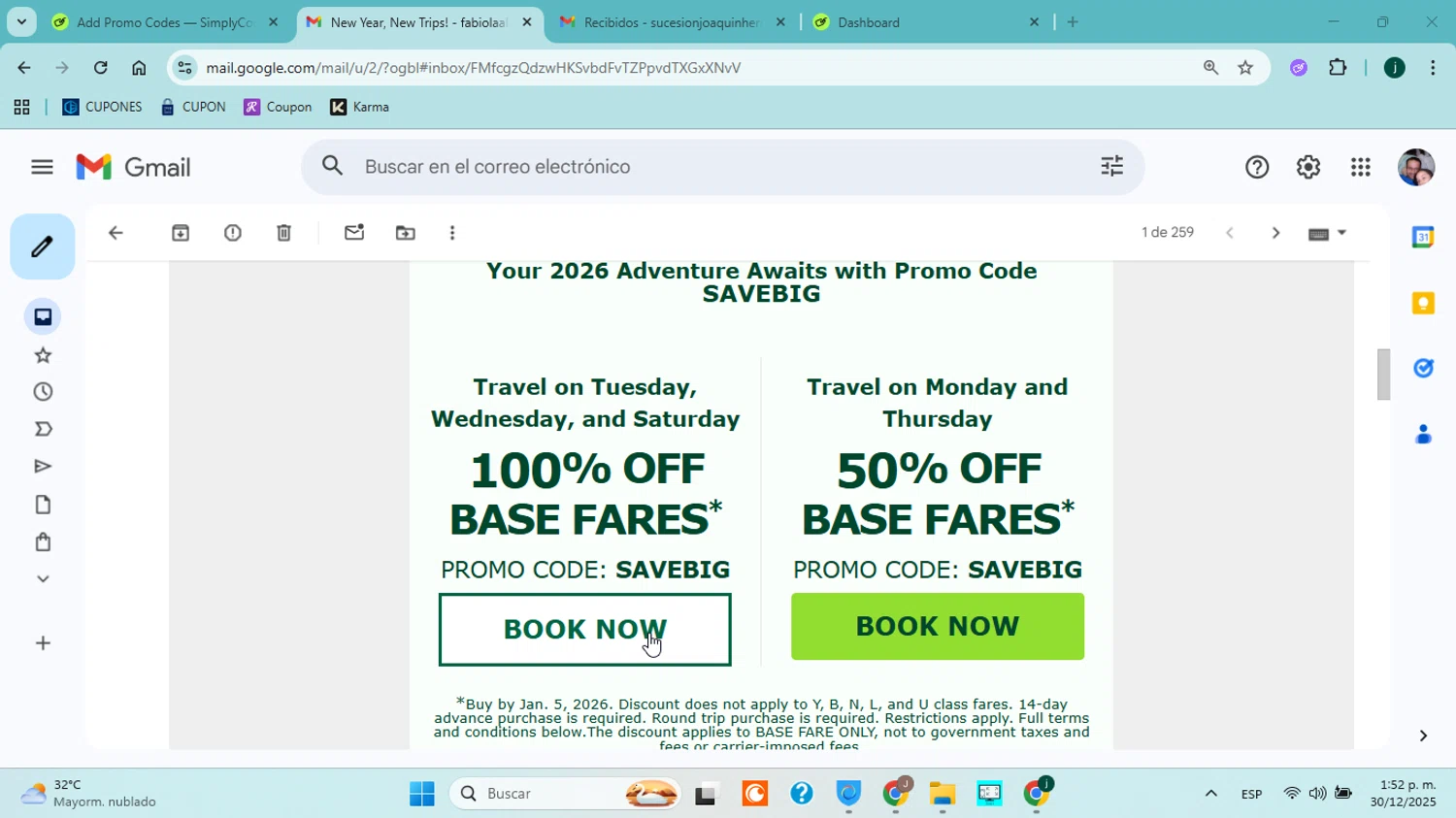 Frontier Airlines promo code screenshot showing code SAVEBIG applied at Frontier Airlines checkout page. Uploaded by SimplyCodes community member jorgejavierherrera on Dec 30, 2025