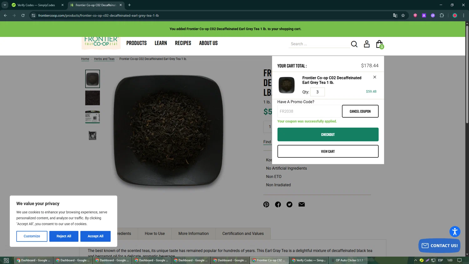Frontier Coop discount code screenshot showing code FR2038 applied at Frontier Coop checkout page. Uploaded by SimplyCodes community member William_Jones on Aug 17, 2025
