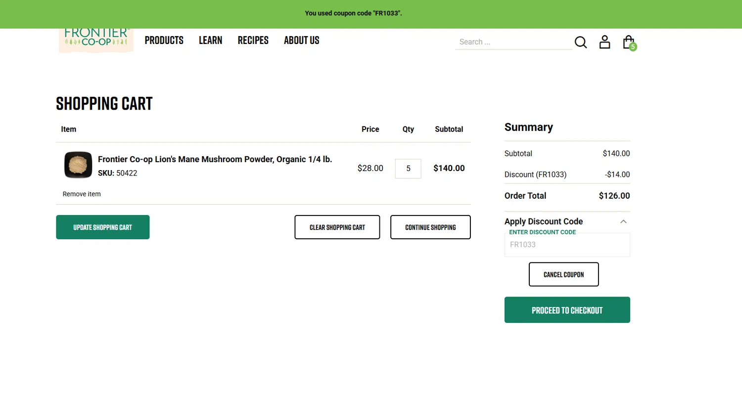 Frontier Coop discount code screenshot showing code FR1033 applied at Frontier Coop checkout page. Uploaded by SimplyCodes community member D_9278 on Jun 16, 2025