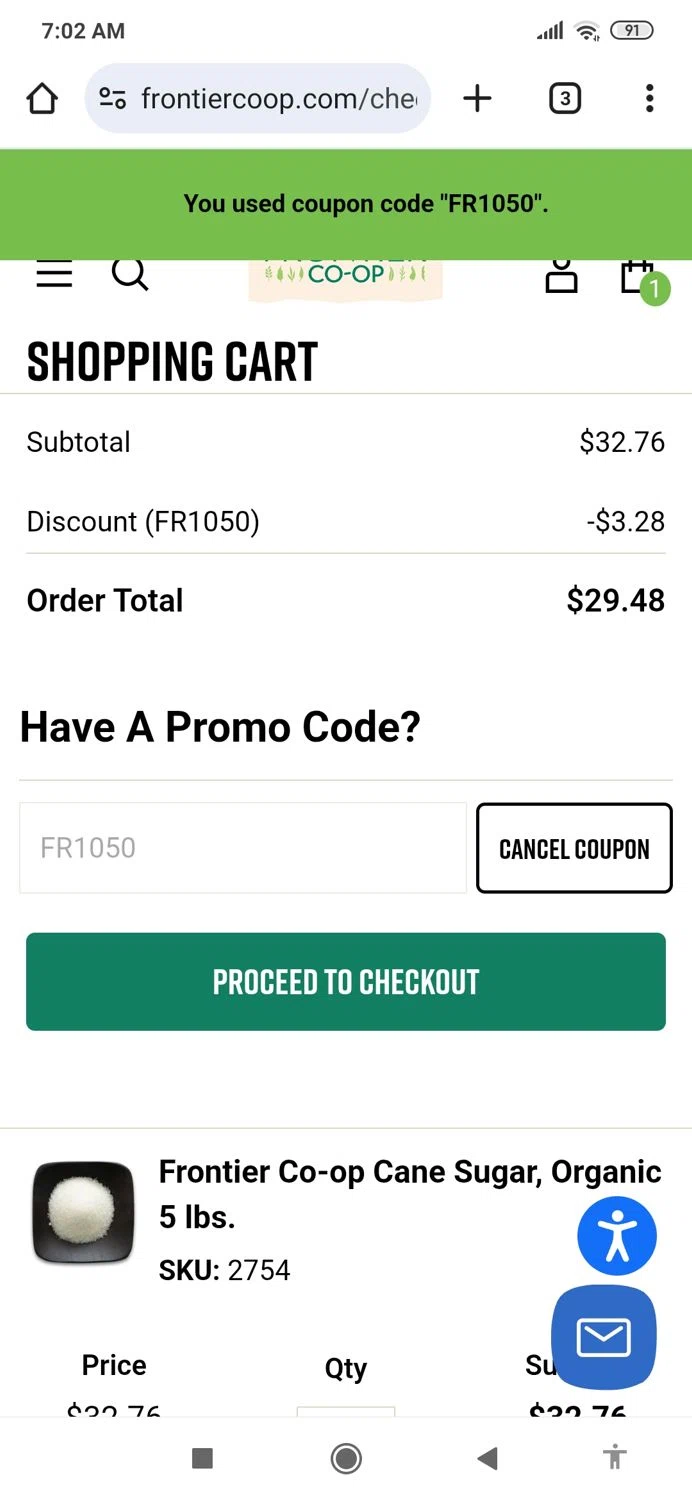 Frontier Coop discount code screenshot showing code FR1050 applied at Frontier Coop checkout page. Uploaded by SimplyCodes community member MightyBoss9975 on Sep 18, 2025