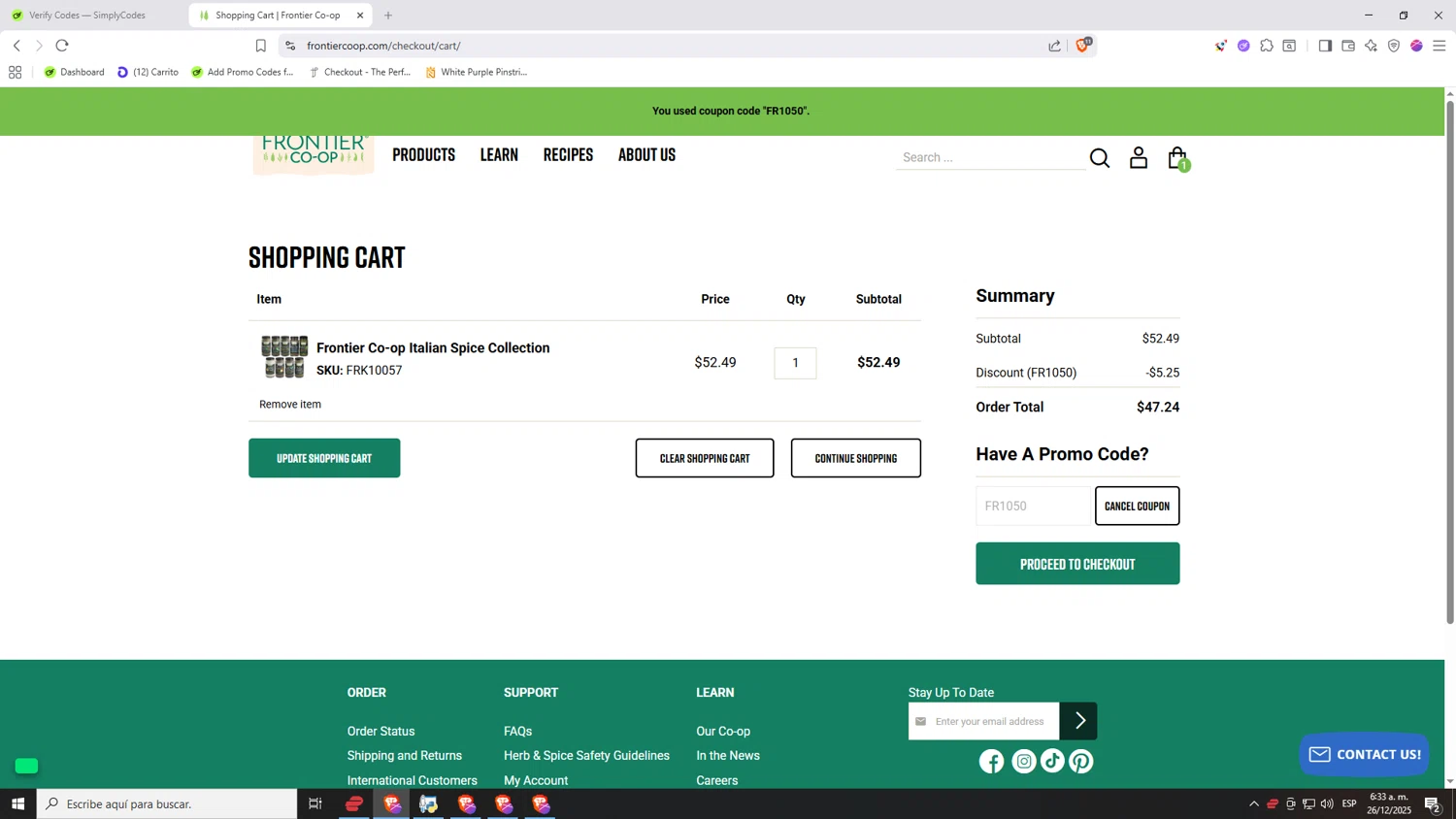 Frontier Coop discount code screenshot showing code FR1050 applied at Frontier Coop checkout page. Uploaded by SimplyCodes community member Nezukooo on Dec 26, 2025