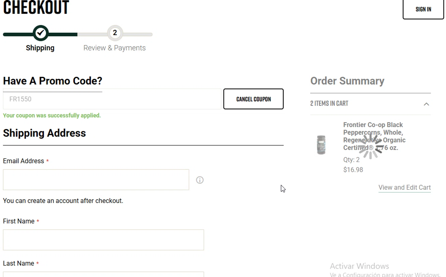 Frontier Coop discount code screenshot showing code FR1550 applied at Frontier Coop checkout page. Uploaded by SimplyCodes community member BudgetGuardian5712 on Nov 1, 2025