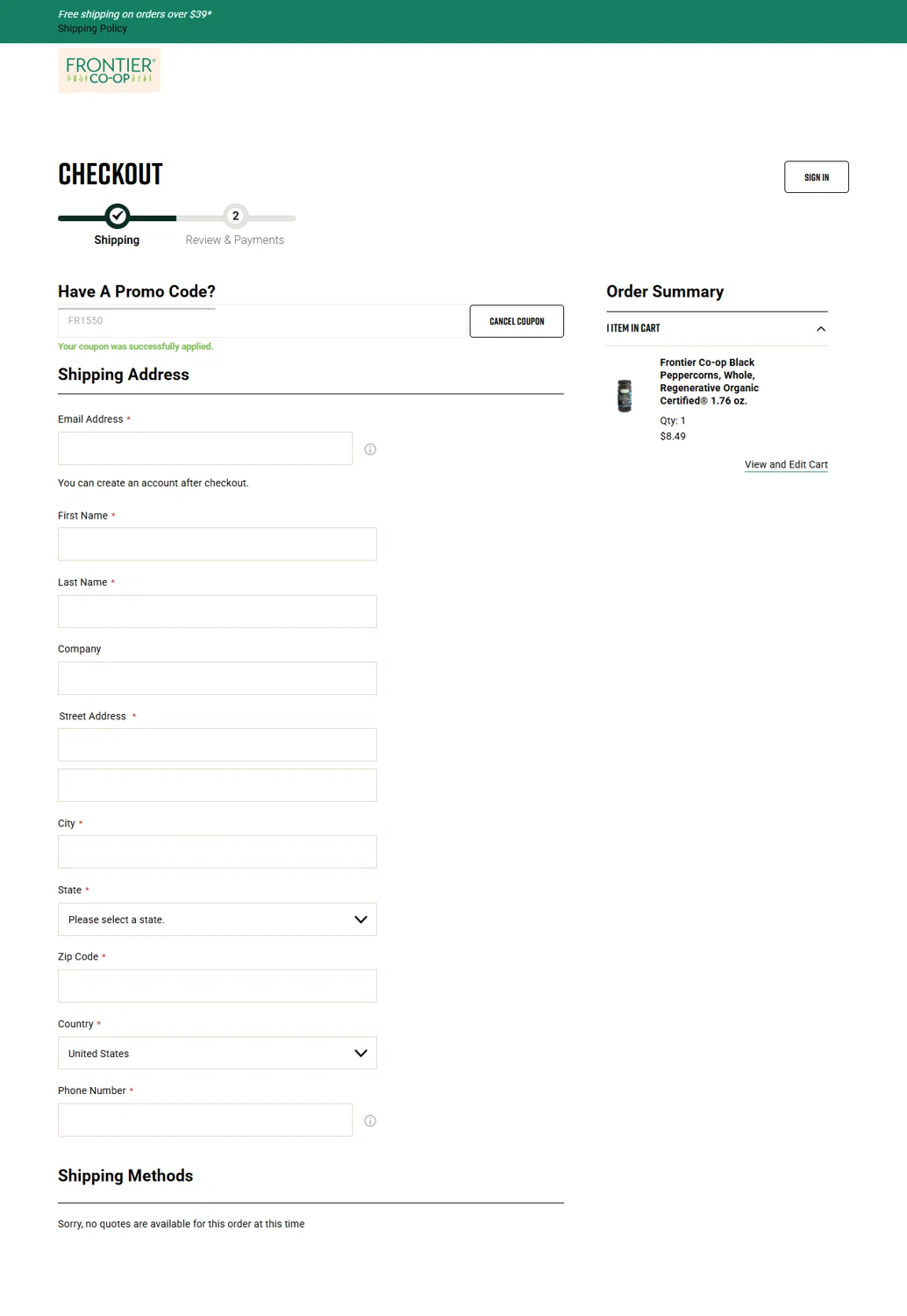 Frontier Coop discount code screenshot showing code FR1550 applied at Frontier Coop checkout page. Uploaded by SimplyCodes community member JesusCaballero on Nov 1, 2025