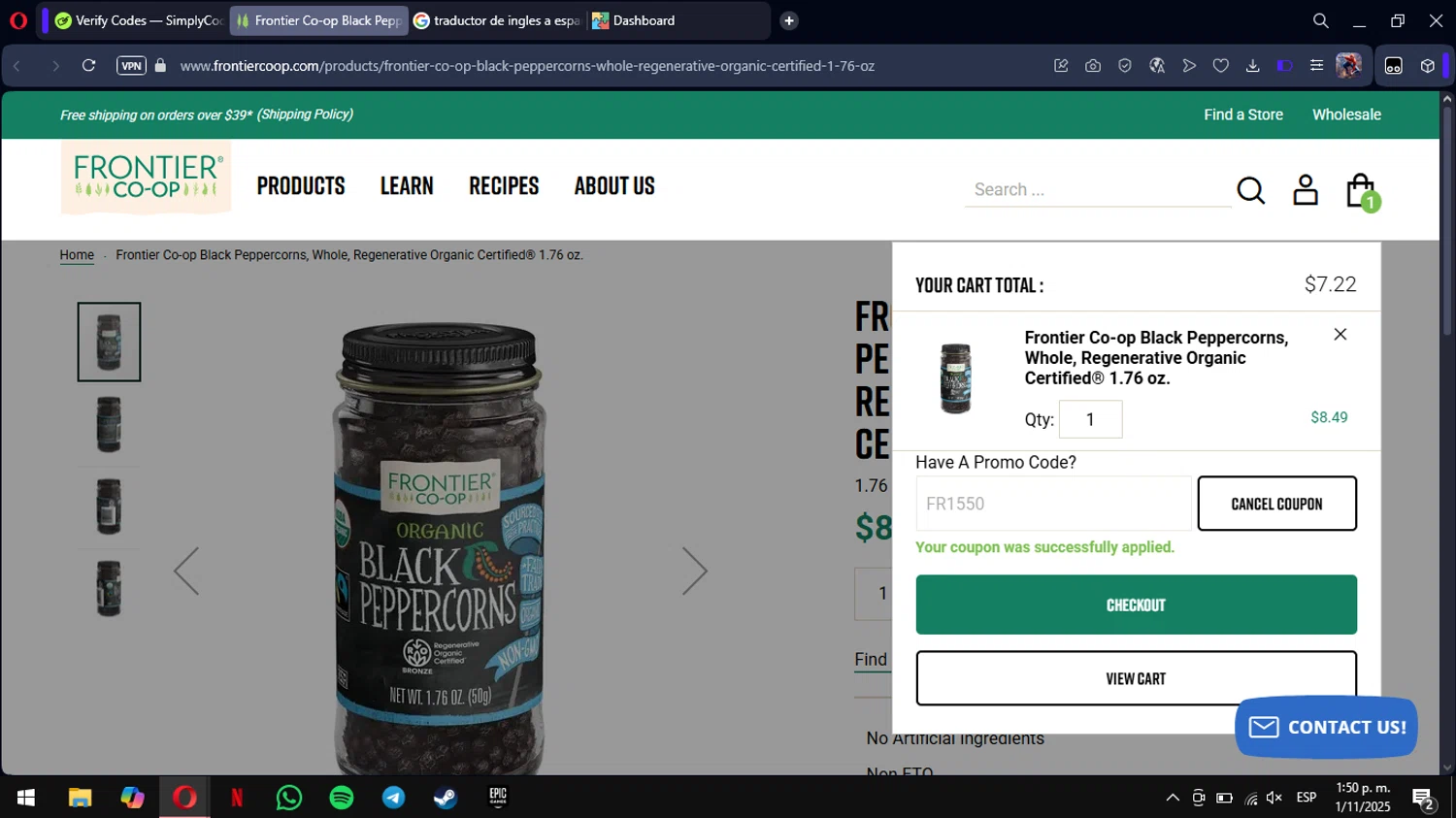 Frontier Coop discount code screenshot showing code FR1550 applied at Frontier Coop checkout page. Uploaded by SimplyCodes community member mimusuky1 on Nov 1, 2025
