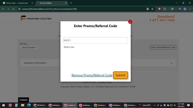 Frontier Utilities checkout page showing Frontier Utilities promo code box | Screenshot taken by SimplyCodes community member on Aug 9, 2025