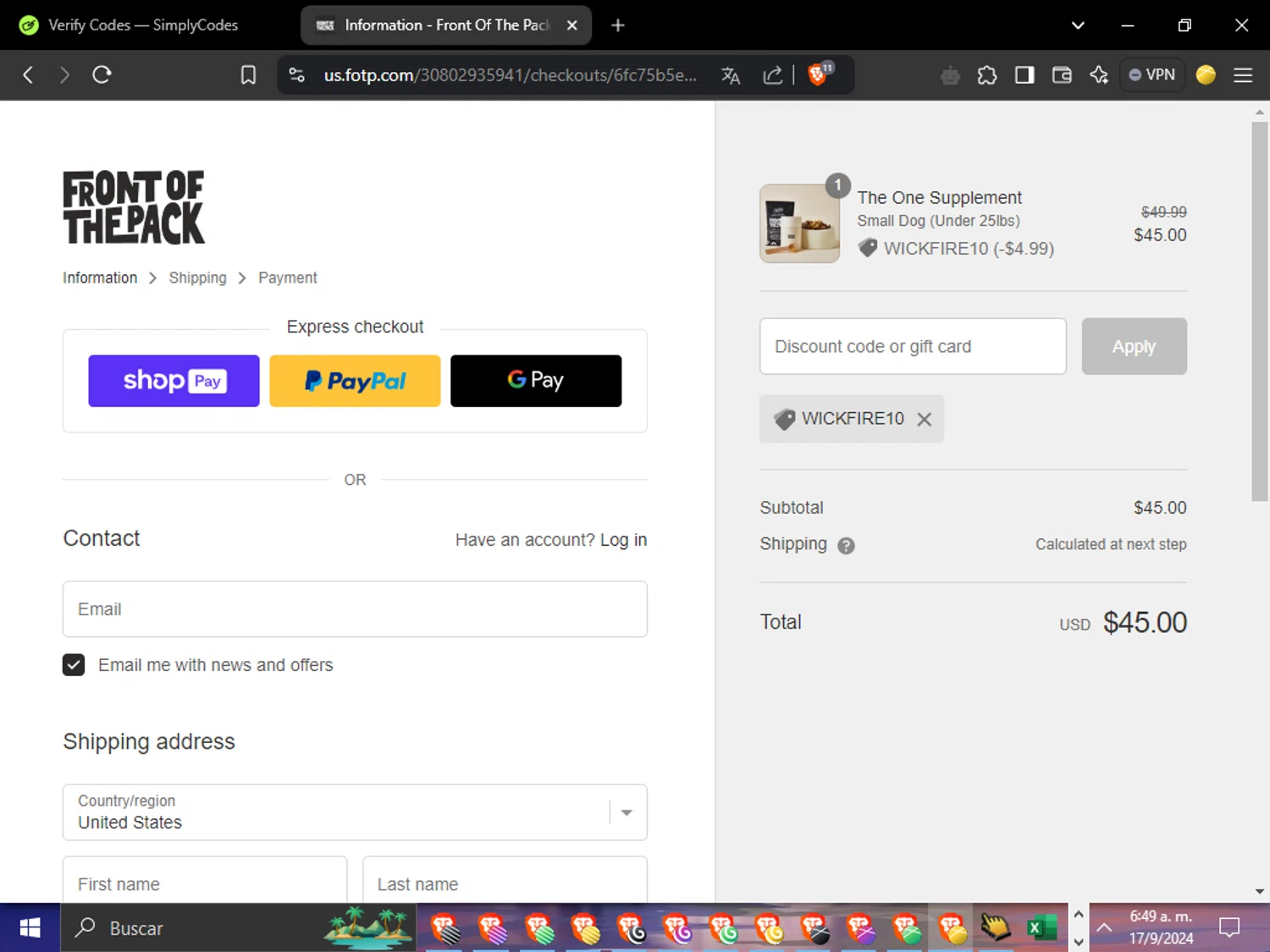 where to use Front Of The Pack promo code box