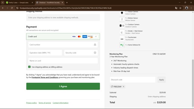 Frontpoint Security checkout page showing Frontpoint Security promo code box | Screenshot taken by SimplyCodes community member on Dec 25, 2024