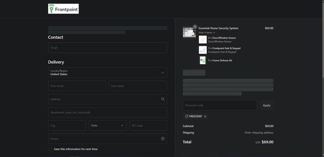Frontpoint Security checkout page showing Frontpoint Security promo code box | Screenshot taken by SimplyCodes community member on Dec 25, 2024