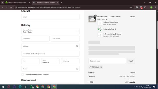 Frontpoint Security checkout page showing Frontpoint Security promo code box | Screenshot taken by SimplyCodes community member on Sep 7, 2025