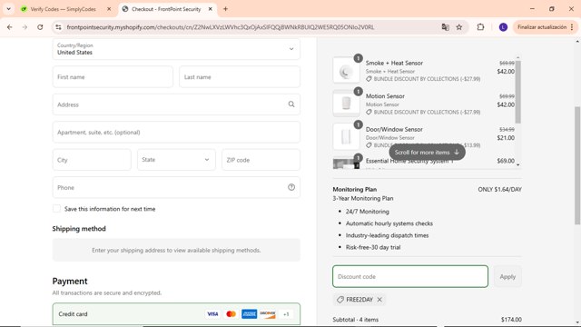 Frontpoint Security checkout page showing Frontpoint Security promo code box | Screenshot taken by SimplyCodes community member on Mar 31, 2025