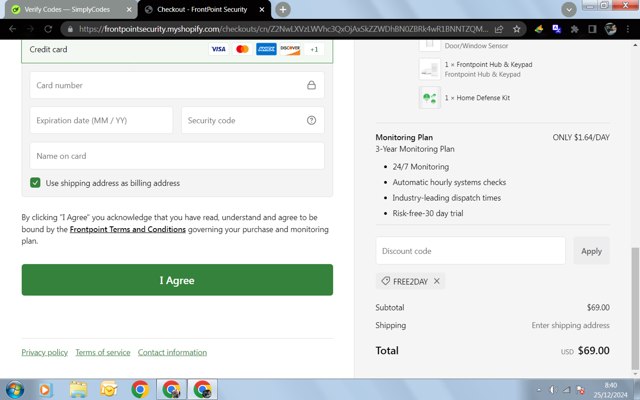 Frontpoint Security checkout page showing Frontpoint Security promo code box | Screenshot taken by SimplyCodes community member on Dec 25, 2024