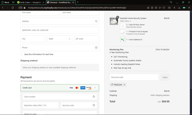 Frontpoint Security checkout page showing Frontpoint Security promo code box | Screenshot taken by SimplyCodes community member on Feb 8, 2025