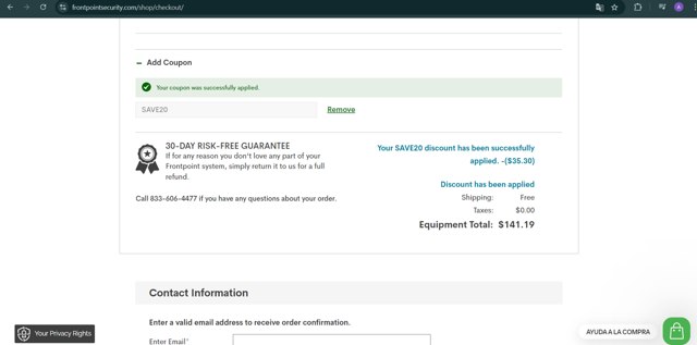 Frontpoint Security checkout page showing Frontpoint Security promo code box | Screenshot taken by SimplyCodes community member on Oct 8, 2024