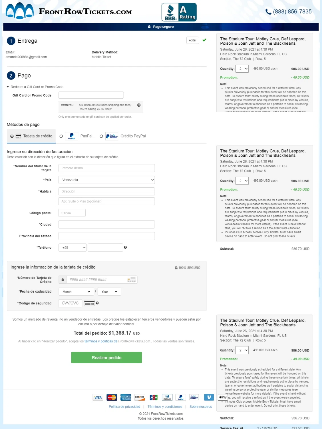 Front Row Tickets checkout page showing Front Row Tickets promo code box | Screenshot taken by SimplyCodes community member on Apr 23, 2021