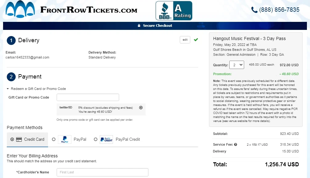 Front Row Tickets checkout page showing Front Row Tickets promo code box | Screenshot taken by SimplyCodes community member on Mar 12, 2021