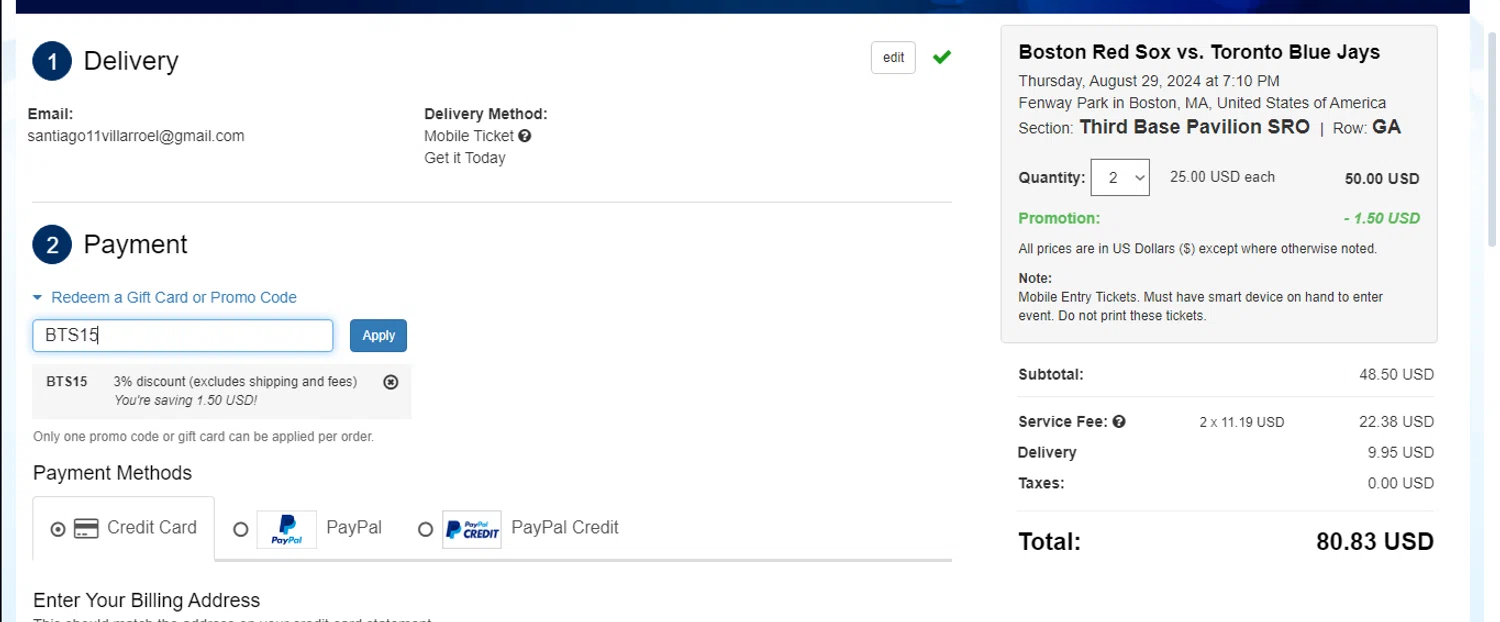 Front Row Tickets checkout page showing Front Row Tickets promo code box | Screenshot taken by SimplyCodes community member on Aug 29, 2024