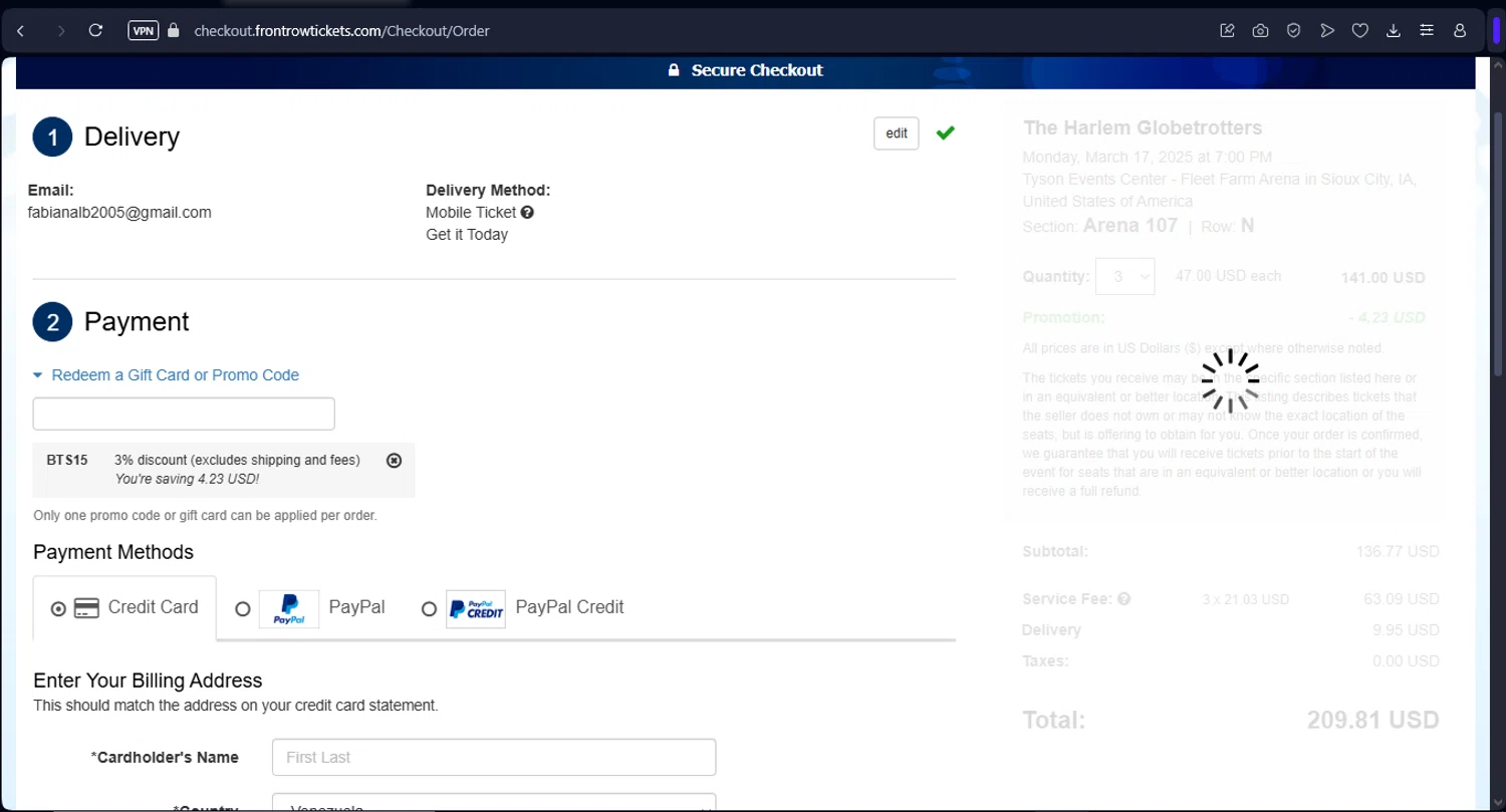 Front Row Tickets promo code screenshot showing code BTS15 applied at Front Row Tickets checkout page. Uploaded by SimplyCodes community member FrugalFox6593 on Mar 17, 2025
