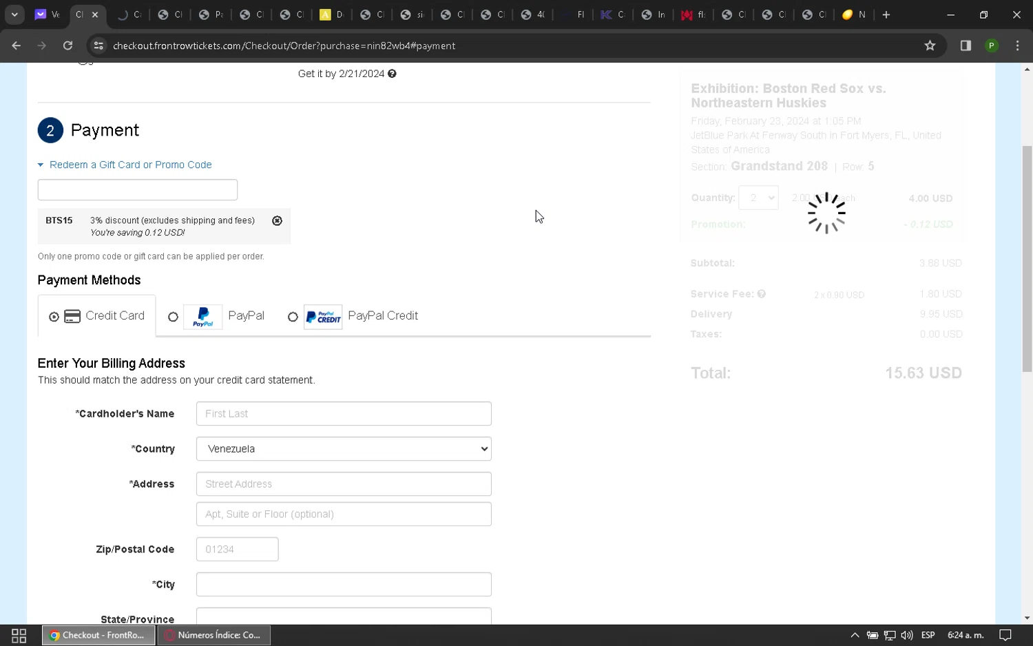 Front Row Tickets checkout page showing Front Row Tickets promo code box | Screenshot taken by SimplyCodes community member on Jan 30, 2024