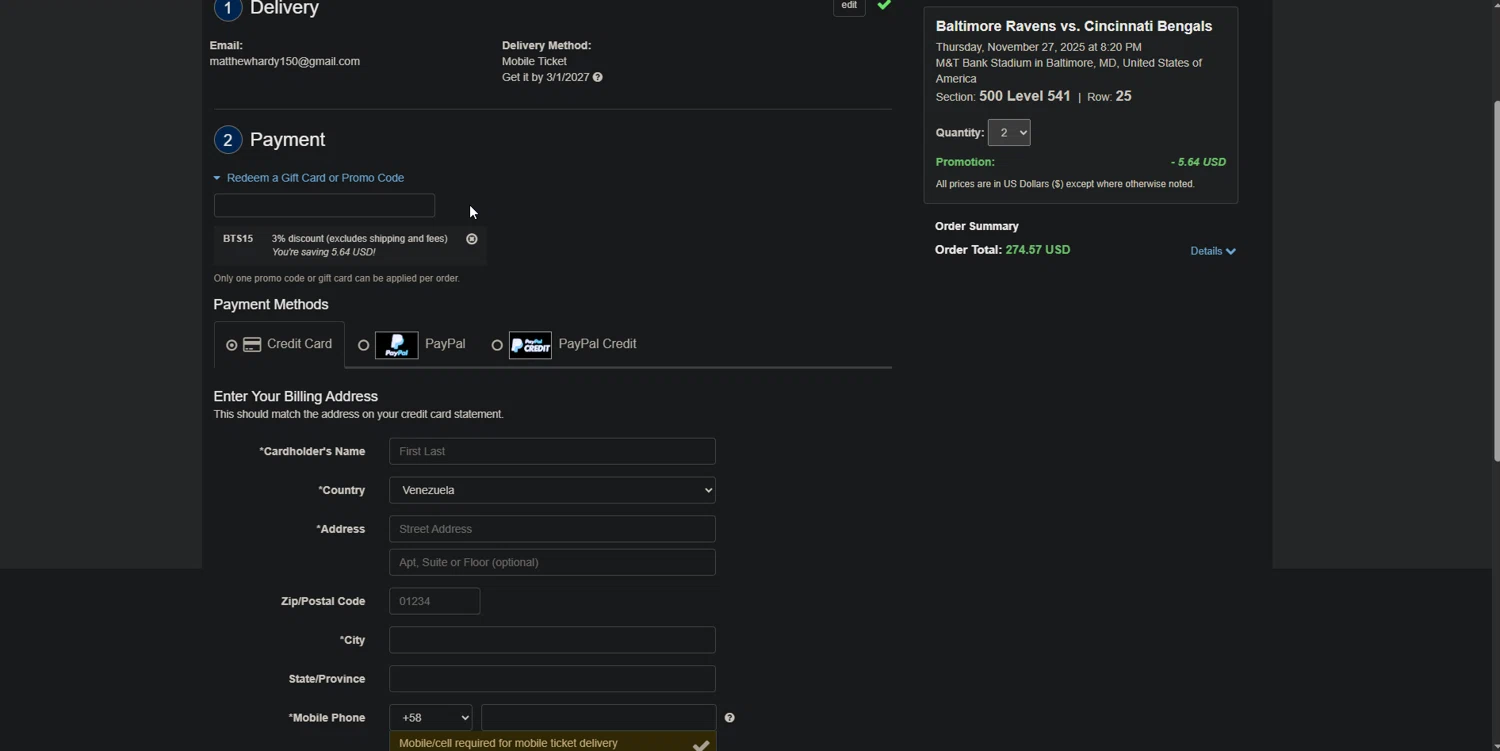 Front Row Tickets promo code screenshot showing code BTS15 applied at Front Row Tickets checkout page. Uploaded by SimplyCodes community member TreasureMaestro5413 on Nov 30, 2025