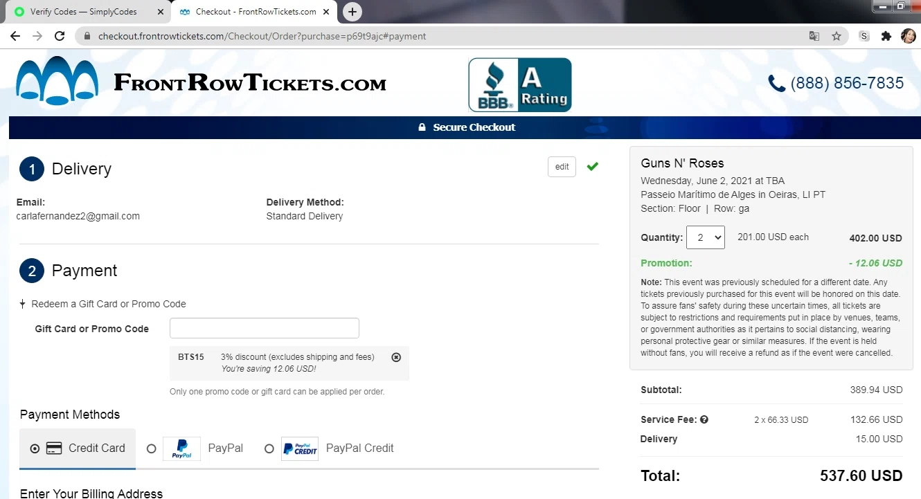 Front Row Tickets checkout page showing Front Row Tickets promo code box | Screenshot taken by SimplyCodes community member on Feb 11, 2021