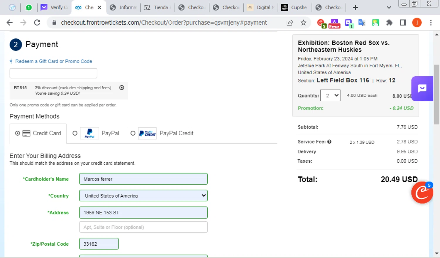Front Row Tickets checkout page showing Front Row Tickets promo code box | Screenshot taken by SimplyCodes community member on Feb 11, 2024