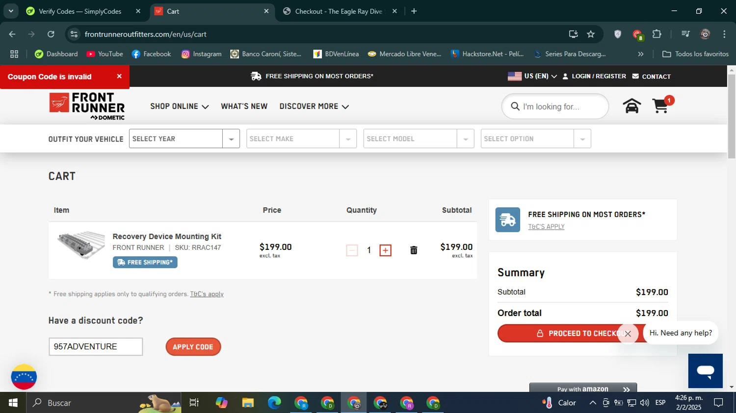 Front Runner discount code screenshot showing code 957ADVENTURE applied at Front Runner checkout page. Uploaded by SimplyCodes community member Mroctober06 on Feb 2, 2025