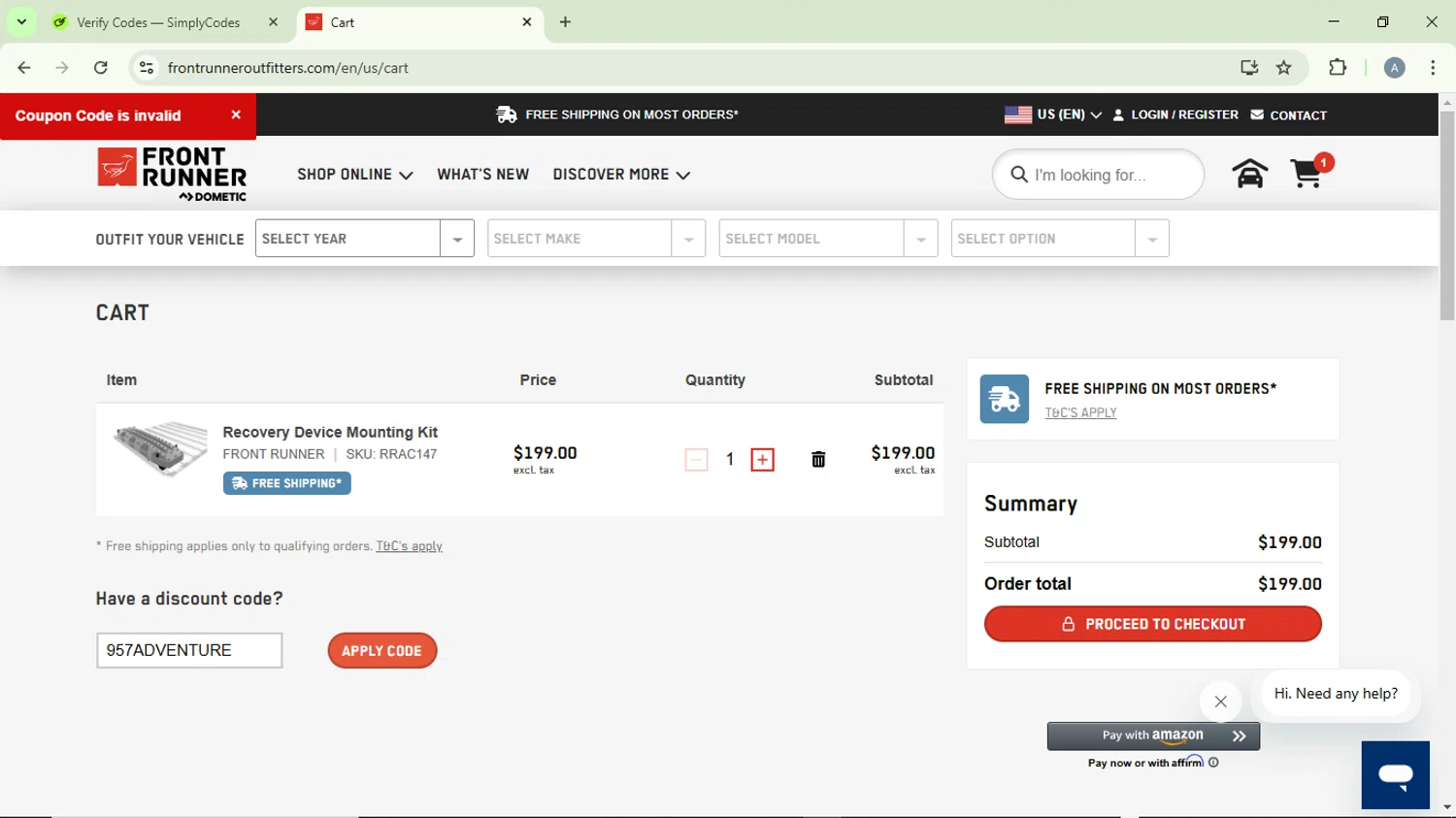 Front Runner discount code screenshot showing code 957ADVENTURE applied at Front Runner checkout page. Uploaded by SimplyCodes community member DiscountVirtuoso6243 on Feb 2, 2025