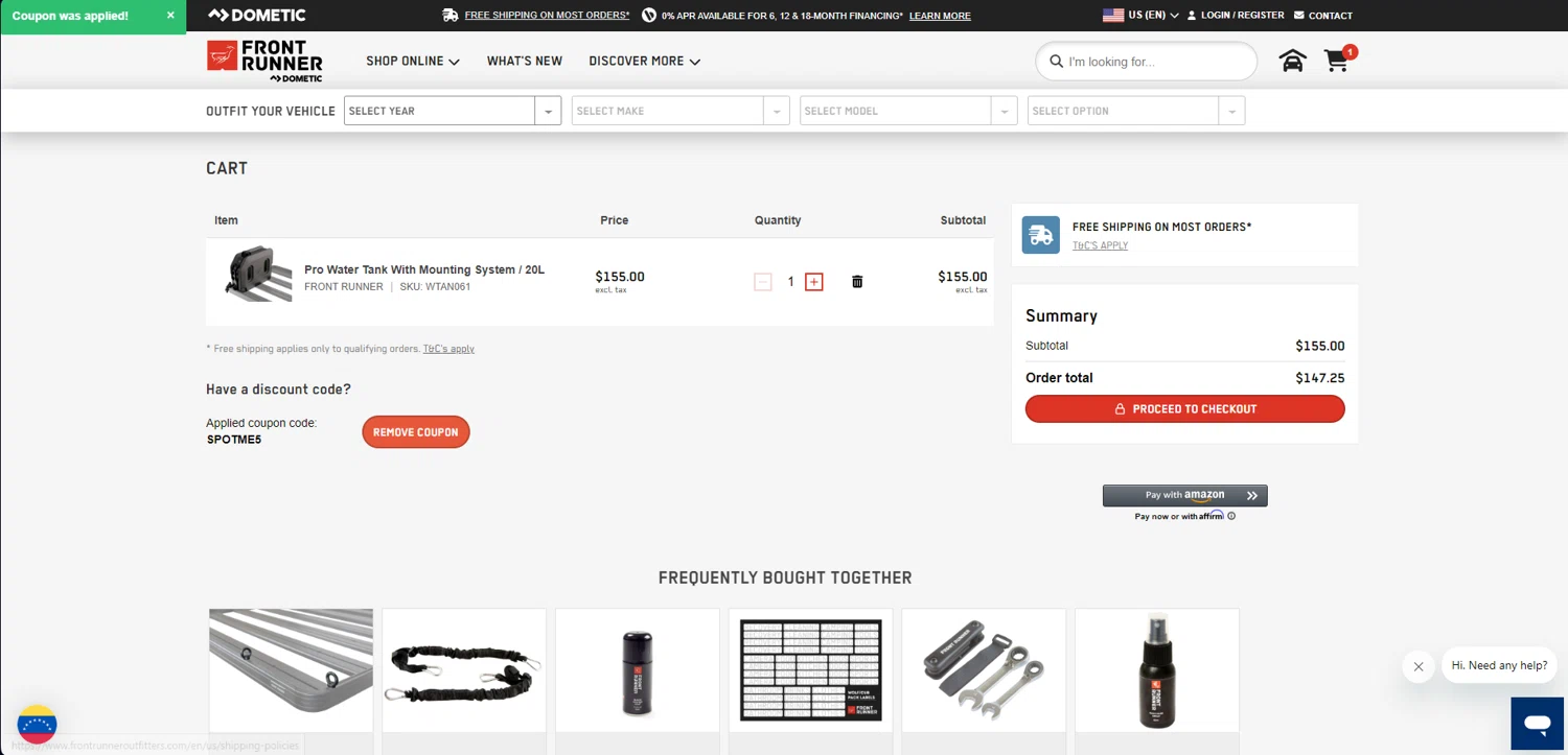 Front Runner checkout page showing Front Runner discount code box | Screenshot taken by SimplyCodes community member on Feb 19, 2025