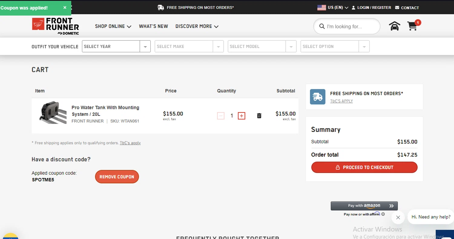 Front Runner checkout page showing Front Runner discount code box | Screenshot taken by SimplyCodes community member on Oct 15, 2024