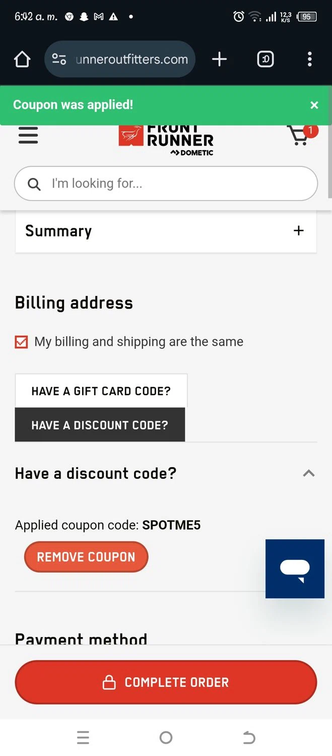Front Runner checkout page showing Front Runner discount code box | Screenshot taken by SimplyCodes community member on Nov 13, 2024