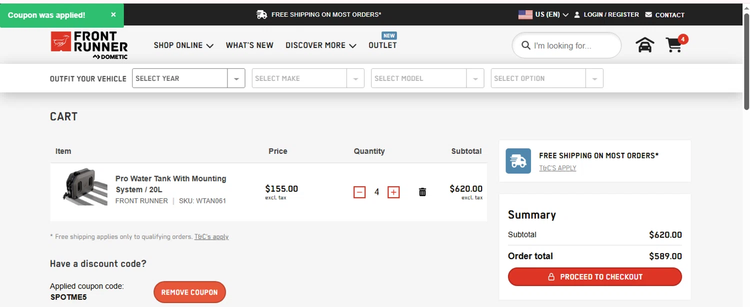 Front Runner checkout page showing Front Runner discount code box | Screenshot taken by SimplyCodes community member on Mar 20, 2025